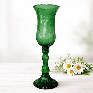 Romantic Green Glass Hurricane Vase VTG Emerald Daisy Leaf Candlestick Holder